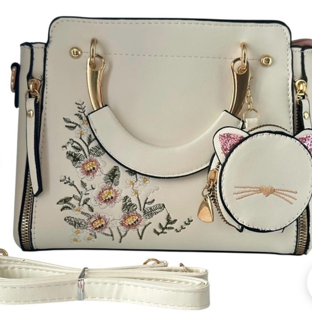 Cream Floral Embroidered Structured Satchel Crossbody Bag Cat Coin Purse Charm - Picture 8 of 15